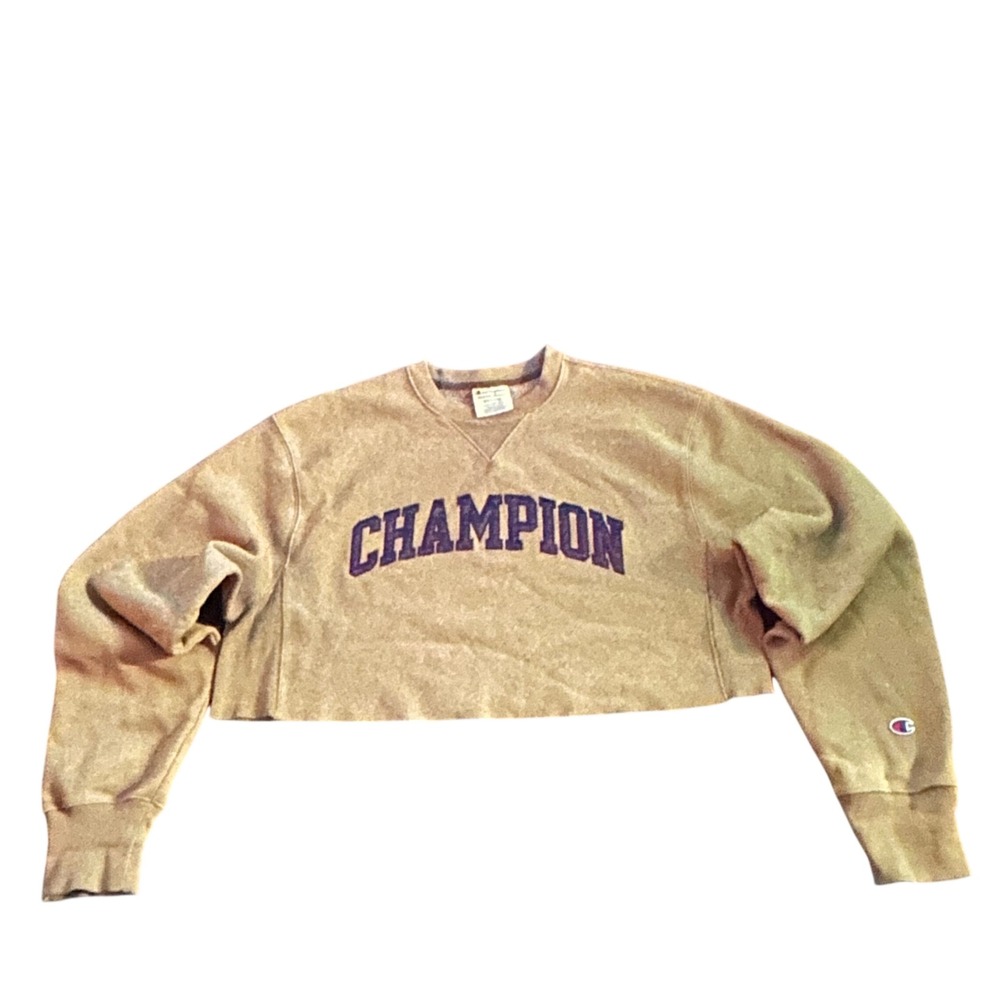 Champion Reverse Weave Cropped Sweatshirt Tan Purple Logo Medium